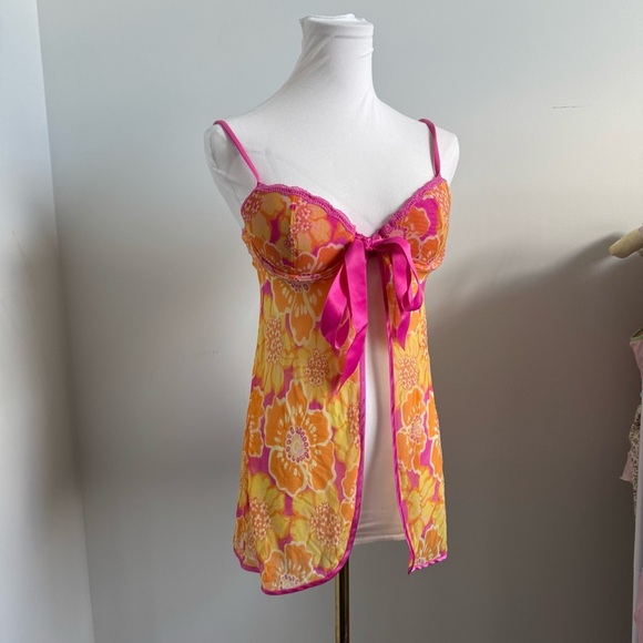 Y2K Floral Sheer Babydoll Top Pink Orange Ribbon Bow Coquette Lingerie M - Picture 6 of 8
